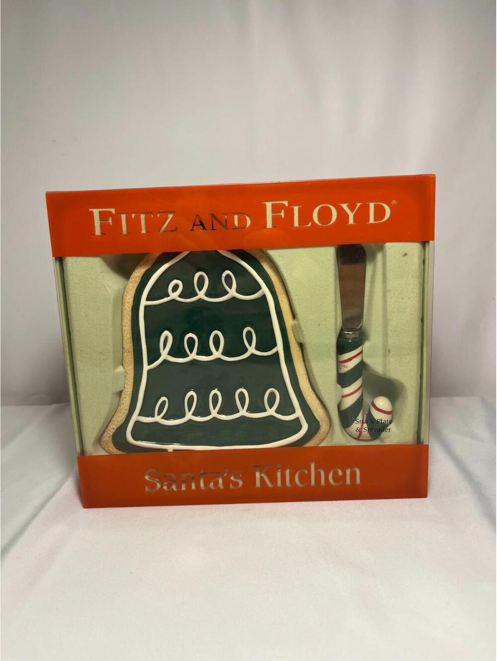 Fitz and Floyd Santa's Kitchen Bell Shaped Snack Plate with Candy Cane Spreader